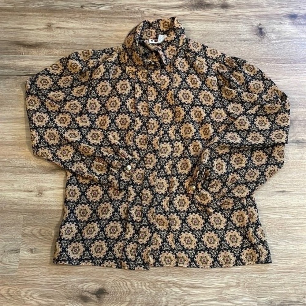 Vintage Jordan Button Down Ruffle Semi Sheer Geometric Shirt